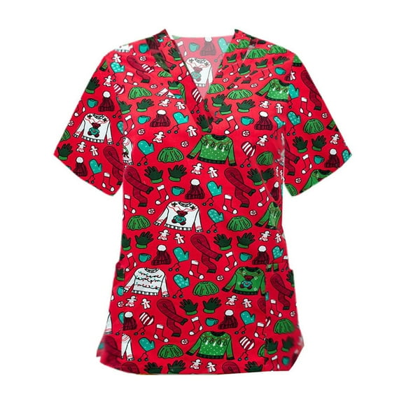 Women Holiday Scrub Tops with Santa Snowman Elk Patterns Uniforme de Enfermería Christmas V-Neck Short Sleeve Nurses Blouse